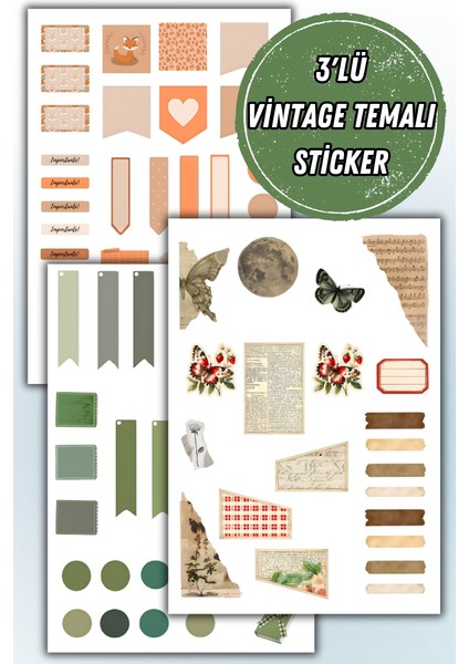 3'lü Vintage Sticker Planner Ajanda Bullet Journal Için Uygun Set