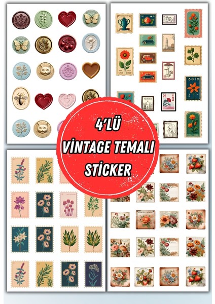 4 'lü Vintage Pul Sticker Planner Ajanda Bullet Journal Için Uygun Set