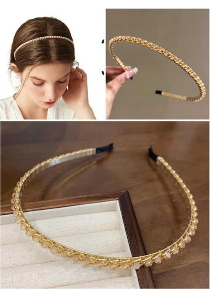 1 Adet Trend Kadın Taç Taşlı Taç Kadın Gold Metal Taç Boncuk Taç