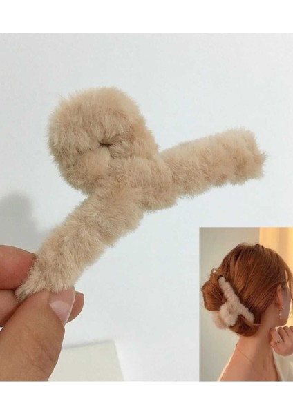 Kadın Peluş Mandal Toka Krem Rengi