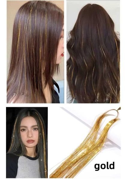 Gold Renk Simli Saç Aksesuarı/ Saç Işıltısı Yan Postiş 50 cm Simli Saç Ipi Gümüş Renk Tinsel Saç