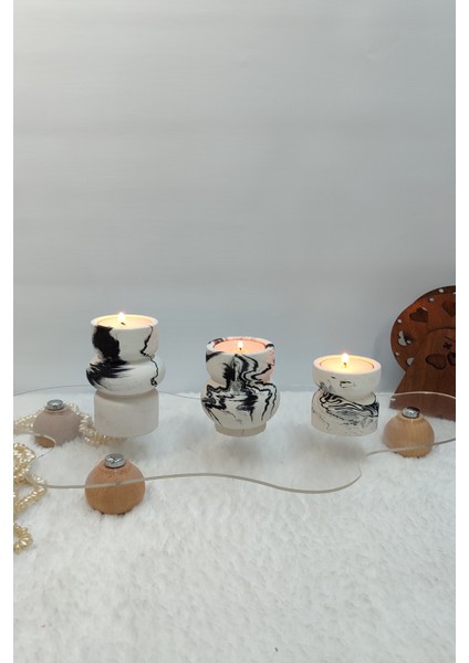 3lü Tealight Mumluk Seti - Dekoratif Beton Mumluk - Mumlar Dahildir