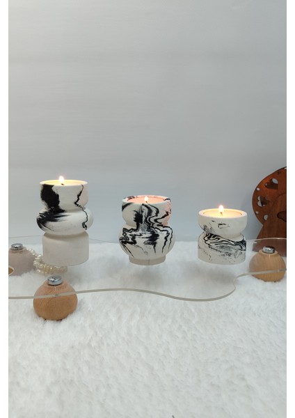 3lü Tealight Mumluk Seti - Dekoratif Beton Mumluk - Mumlar Dahildir