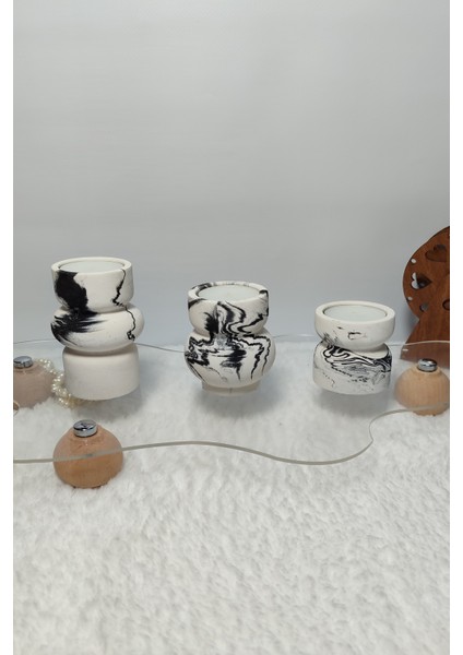 3lü Tealight Mumluk Seti - Dekoratif Beton Mumluk - Mumlar Dahildir