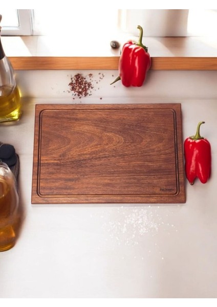40 x 27,5 cm Yekpare Masif Eksiz Tek Parça Doğal Ahşap Oluklu Kesme Sunum Et Ekmek Sebze Doğrama Tahtası