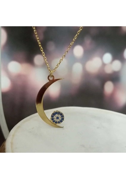 Nazar Boncuklu Gümüş Hilal Kolye