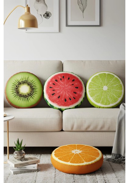 Meyve Tasarımlı Yuvarlak Yumuşak Peluş Yastık Minder Karpuz Limon Portakal Kivi Yastık Minder