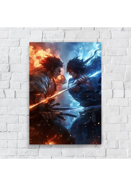 Anime Metal Poster Parlak Göz Alıcı Renkler - Ateş ve Buz Zıtlık Çarpışması