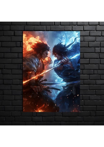 Anime Metal Poster Parlak Göz Alıcı Renkler - Ateş ve Buz Zıtlık Çarpışması modelleri