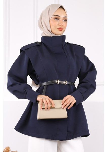 Lacivert Omuz Apoletli Kemerli Trençkot