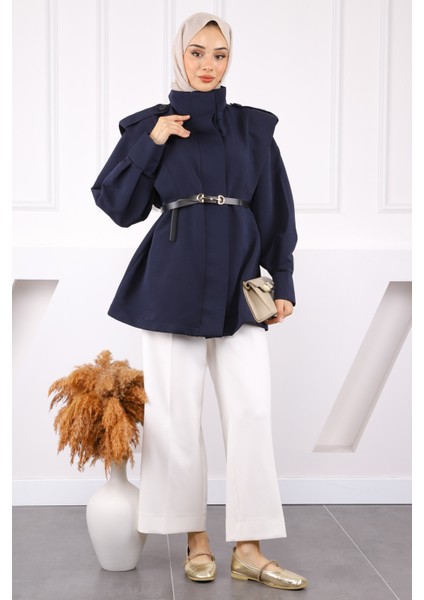 Lacivert Omuz Apoletli Kemerli Trençkot modelleri