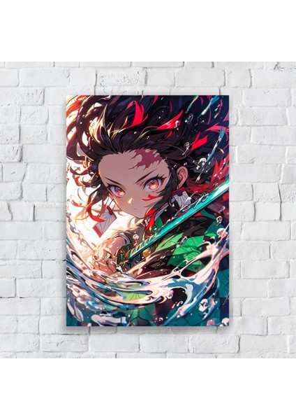 Anime Metal Poster Parlak Göz Alıcı Renkler - Bebek Tanjiro'nun Ateşli Bakışı