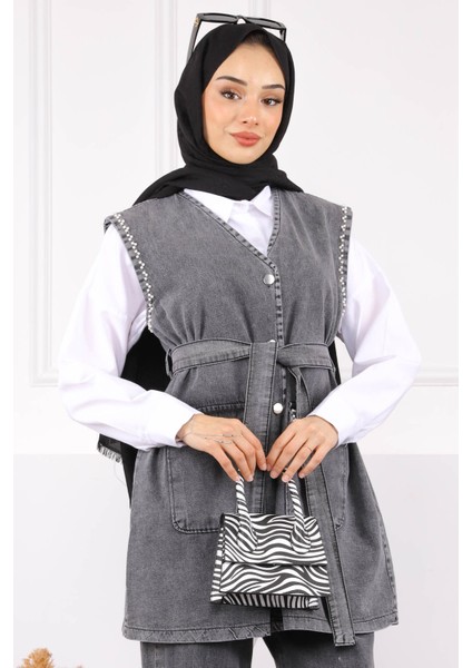 Mavi Inci Detaylı Kot Yelek Pantolonlu Takım fırsatları