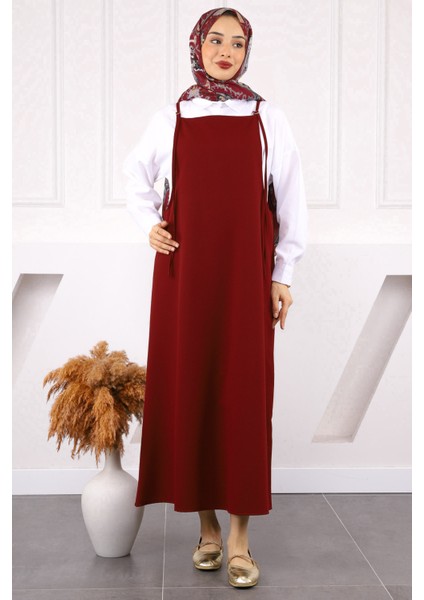 Bordo Ip Askılı Jile Elbise