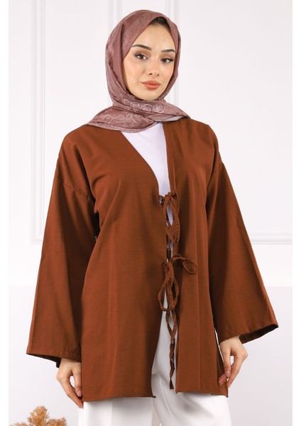 Kahverengi Ön Bağlamalı Kimono