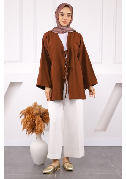 Kahverengi Ön Bağlamalı Kimono