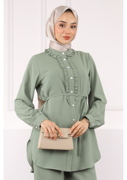 Siyah Önü Fırfırlı Tunik Pantolonlu Linda Takım