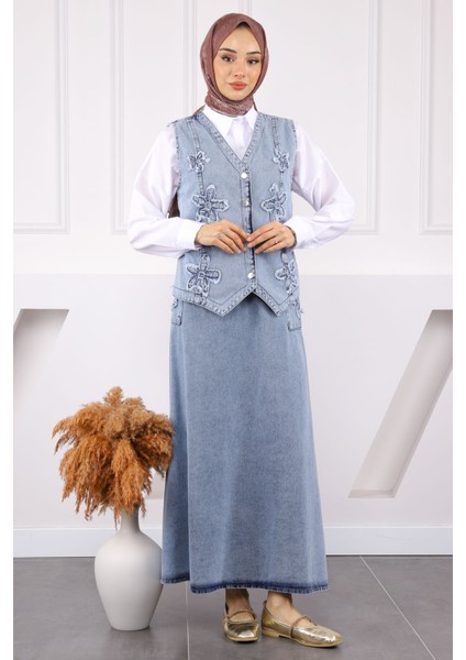 Mavi Çiçek Nakışlı Yelek Etekli Kot Takım
