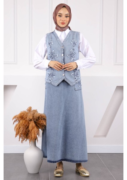Mavi Çiçek Nakışlı Yelek Etekli Kot Takım fiyatları