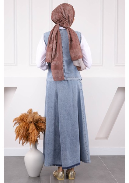 Mavi Çiçek Nakışlı Yelek Etekli Kot Takım modelleri