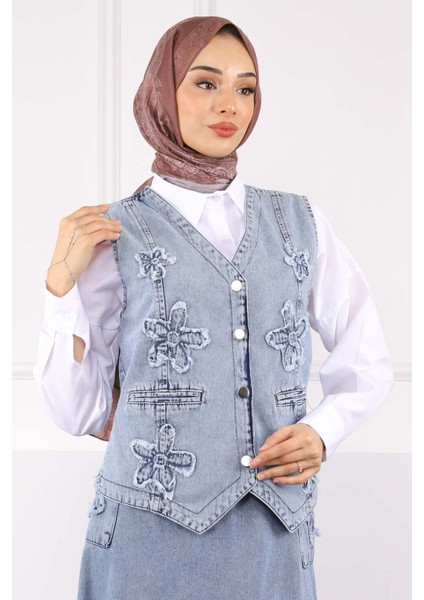Mavi Çiçek Nakışlı Yelek Etekli Kot Takım fırsatları