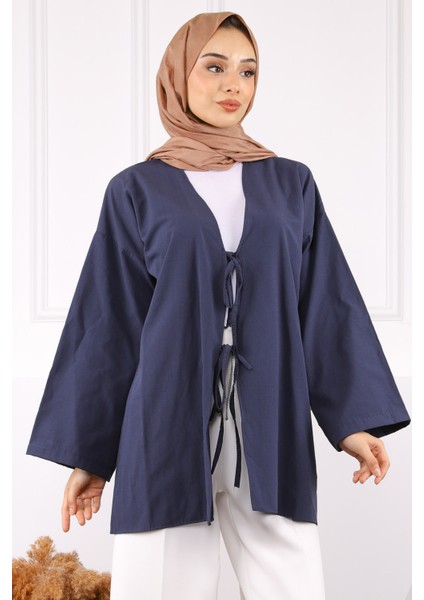 Lacivert Ön Bağlamalı Kimono