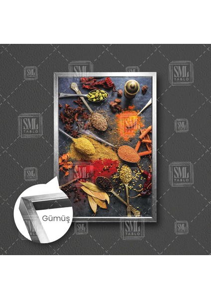 Gümüş Kaşıkların Içinde Baharatlar Mutfak Kitchen Çerçeveli Dikey Kanvas Tablo