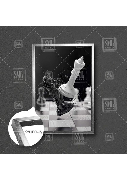 Siyah Beyaz Satranç Tahtası Şah ve Mat Piyon Oyun Çerçeveli Dikey Kanvas Tablo