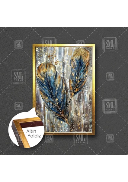 Soyut Kuş Tüyü Sanatsal Kuştüyü Petrol Mavi Altın Gold Tonlar Çerçeveli Dikey Kanvas Tablo
