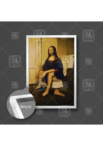 Monalisa Parodi Tuvalette Oturan Mona Lisa ve Klozet Cafe Restaurant Çerçeveli Dikey Kanvas Tablo