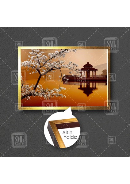Japon Kiraz Çiçeği Manzara Kulube Göl Çardak Huzur Çerçeveli Yatay Kanvas Tablo