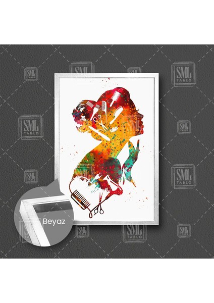 Kuaför Malzemeleri Makas Tarak Fırça Hair Dresser Renkli Kadın Portresi Çerçeveli Dikey Kanvas Tablo