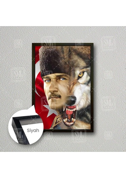 Mustafa Kemal Atatürk Asil Kurt Şanlı Türk Bayrağı Çerçeveli Dikey Kanvas Tablo
