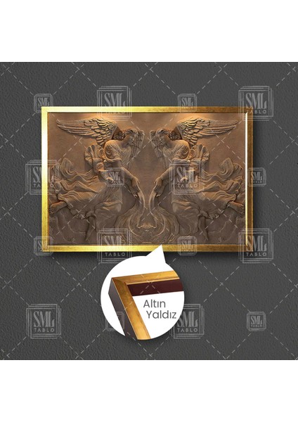 Mermer Kabartma Efektli Melek Kanat Çerçeveli Yatay Kanvas Tablo