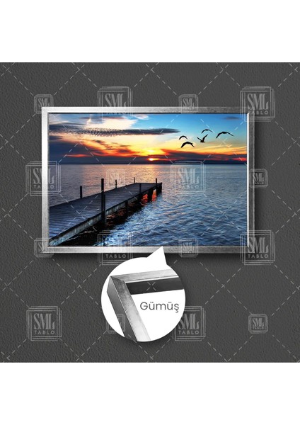 Iskele Gün Batımı Deniz Uçan Martılar Manzara Çerçeveli Yatay Kanvas Tablo