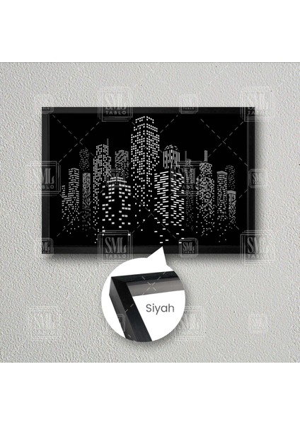 Siyah Beyaz Çizgisel Şehir Manzarası City Art Çerçeveli Yatay Kanvas Tablo