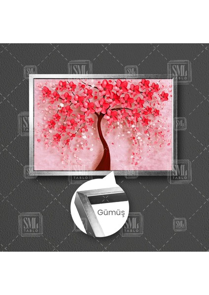 Kırmızı Kiraz Ağacı Çiçeği Pembe Doğa Manzara Çerçeveli Yatay Kanvas Tablo