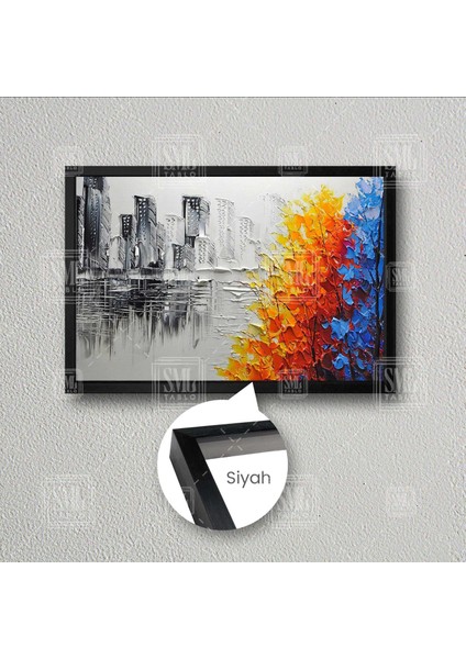 Şehir Deniz City Renkli Ağaçlar Dekoratif Çerçeveli Yatay Kanvas Tablo