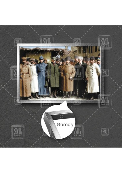 Bastonlu Atatürk Resmi Toplu Çekim Ismet Inönü Nostalji Çerçeveli Yatay Kanvas Tablo