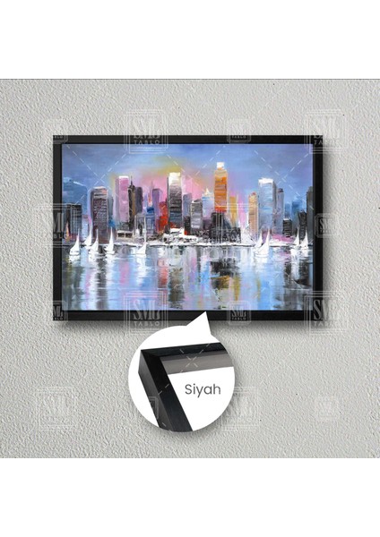 Deniz Yelkenli Soyut Şehir Gökdelen Çerçeveli Yatay Kanvas Tablo