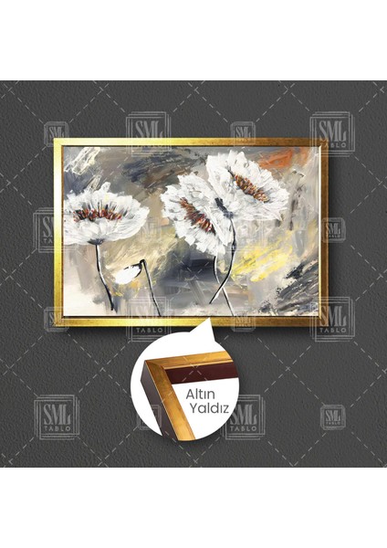 Beyaz Açmış Çiçekler Soyut Dekoratif Modern Sanat Çerçeveli Yatay Kanvas Tablo