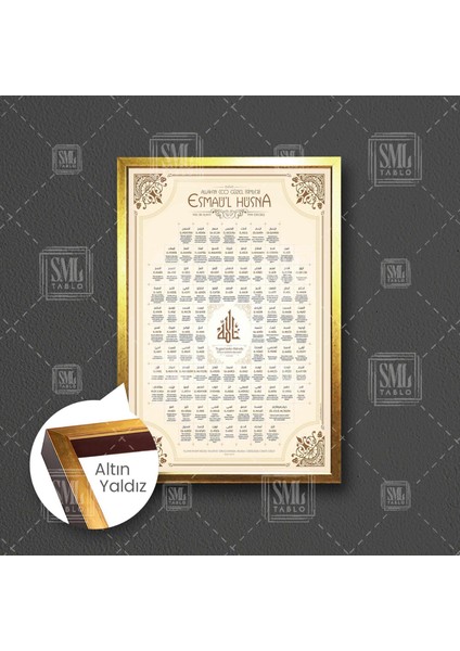 Esmaül Hüsna Türkçe Meal Allahın 99 Ismi Allah Adları Çerçeveli Dikey Kanvas Tablo