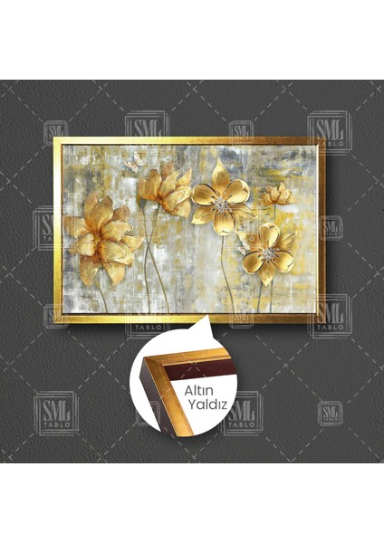 Altın Pırlanta Çiçek Gold Dekor Modern Sanat Çerçeveli Yatay Kanvas Tablo