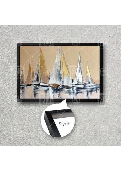 Altın Beyaz Yelkenli Gemiler Yansıma Deniz Modern Dekor Çerçeveli Yatay Kanvas Tablo
