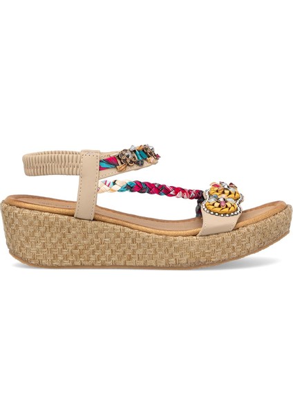 25Y153-2 Kadın Taşlı Düz Sandalet Bej