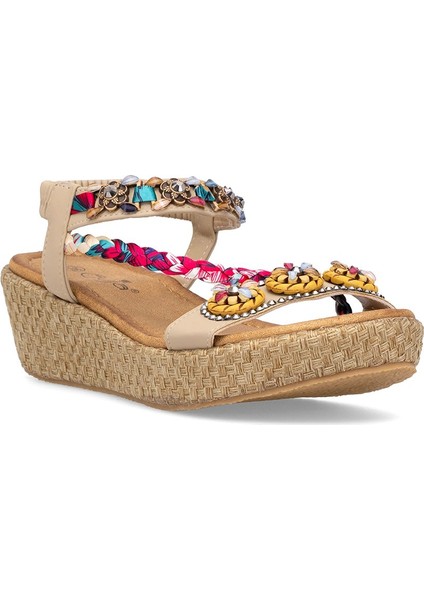 25Y153-2 Kadın Taşlı Düz Sandalet Bej fiyatları