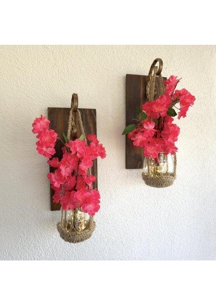 Duvar Dekoru, LED Işıklı, Pembe Lüx Bahardalı Çiçekli, Ceviz Aplik Ikili Set
