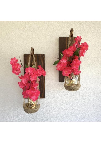 Duvar Dekoru, LED Işıklı, Pembe Lüx Bahardalı Çiçekli, Ceviz Aplik Ikili Set modelleri
