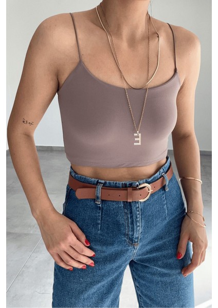 Kadın Mila Lastik Askılı Basic Crop Body Esnek Fit, Yazlık Şıklık