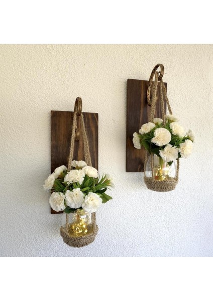 Duvar Dekoru, LED Işıklı, Beyaz Karanfil Çiçekli, Ceviz Aplik Ikili Set